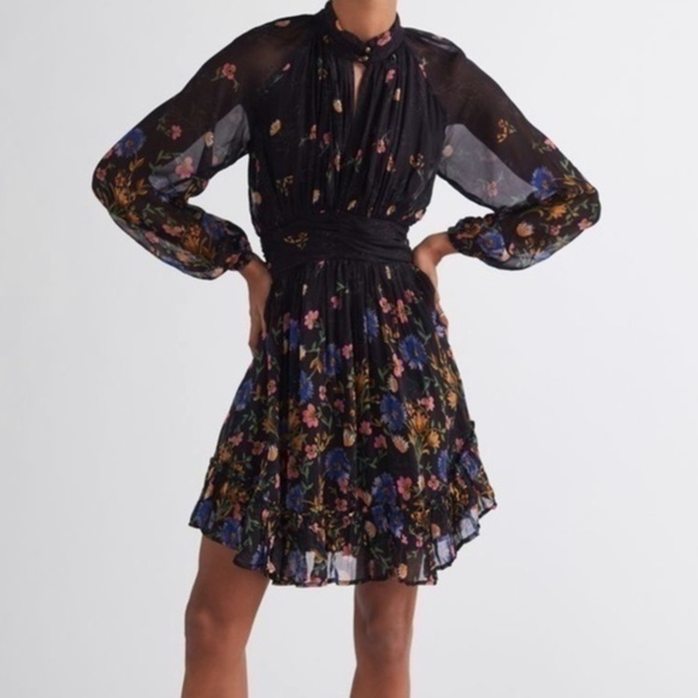 NWT Anthropologie Black Wildflower Floral Print Balloon Sleeve Mini Dress NEW